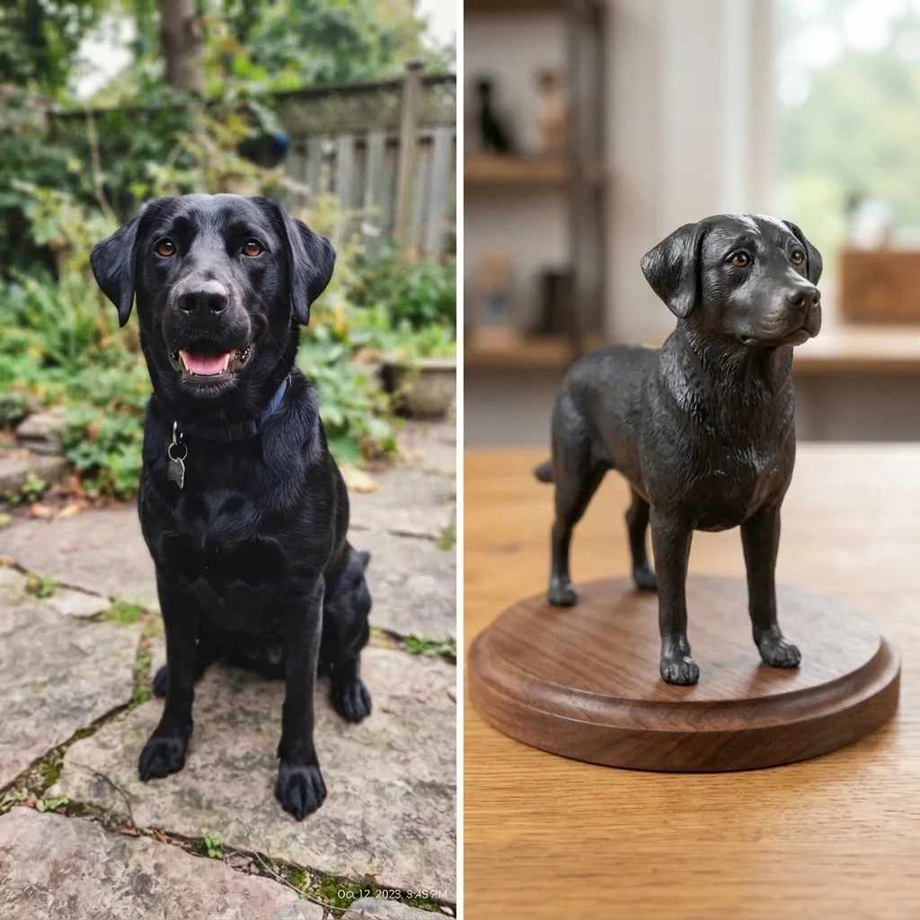 Diptych comparison of black dark coated dog photo and finished miniature figurine on solid walnut base