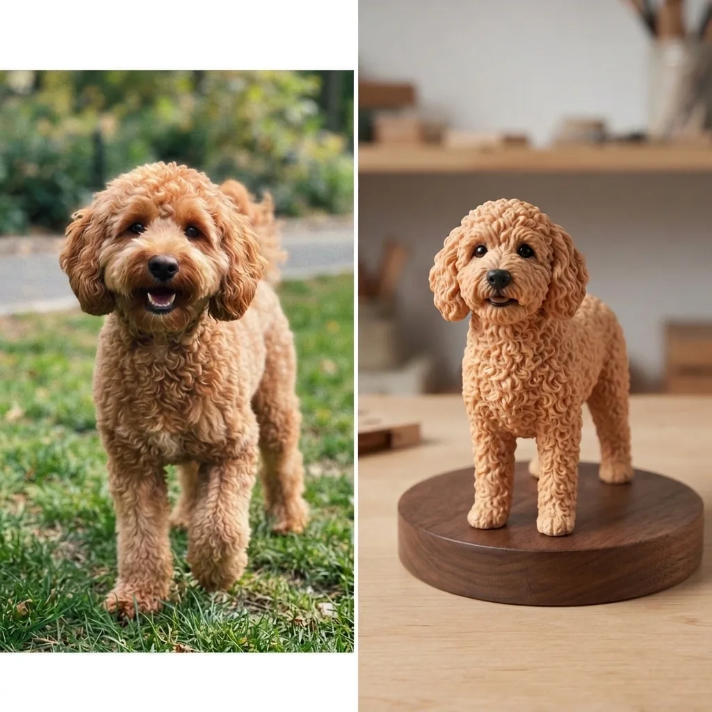 Diptych comparison of curly coat dog photo and finished miniature figurine on solid walnut base