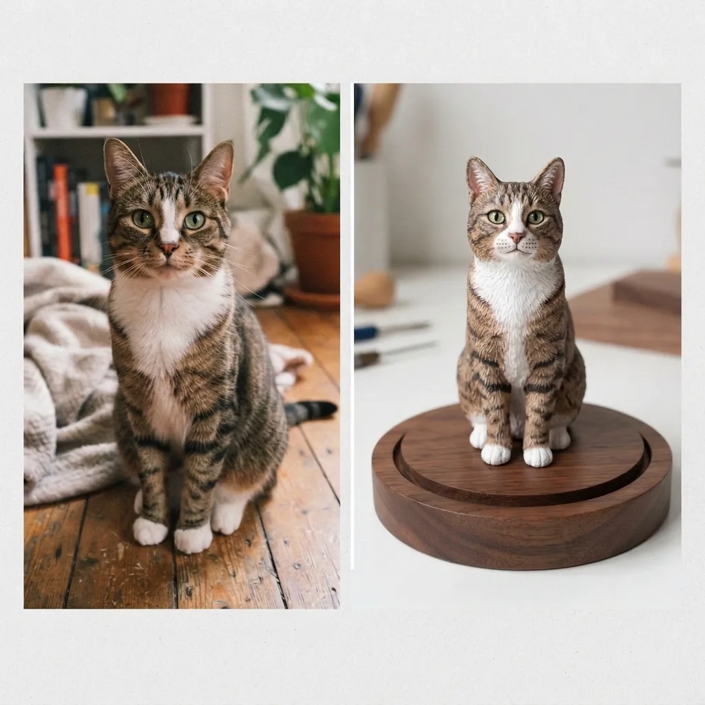 Diptych comparison of domestic tabby cat photo and finished physical figurine on round walnut base