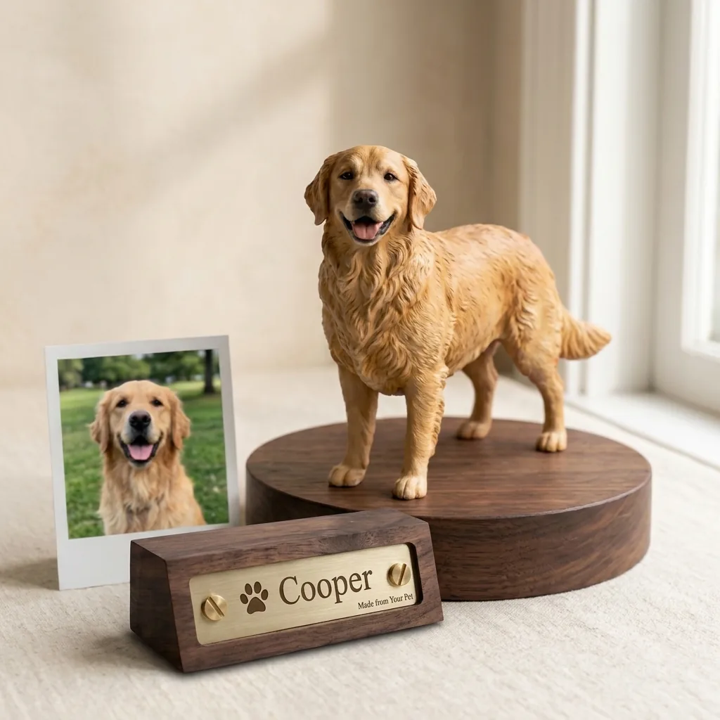 Cooper pet figurine on walnut base with lowered sleek brass nameplate and photo
