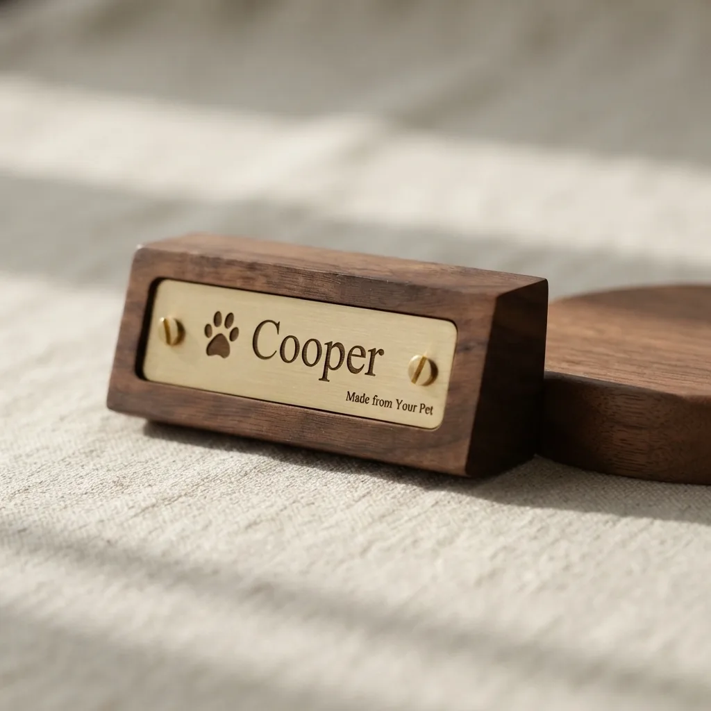 Macro product photograph of freestanding dark walnut miniature wood block with brushed brass faceplate engraved Cooper