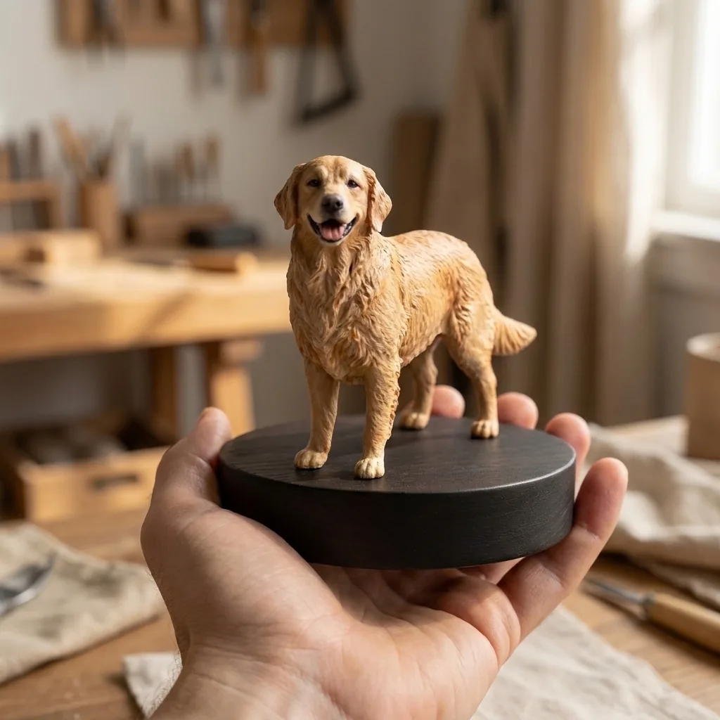 Adult hand holding finished physical figurine of Cooper on solid black walnut base