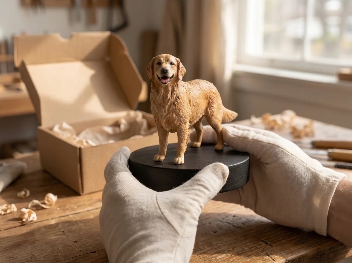 Person inspecting the finished dog figurine in natural daylight before shipping