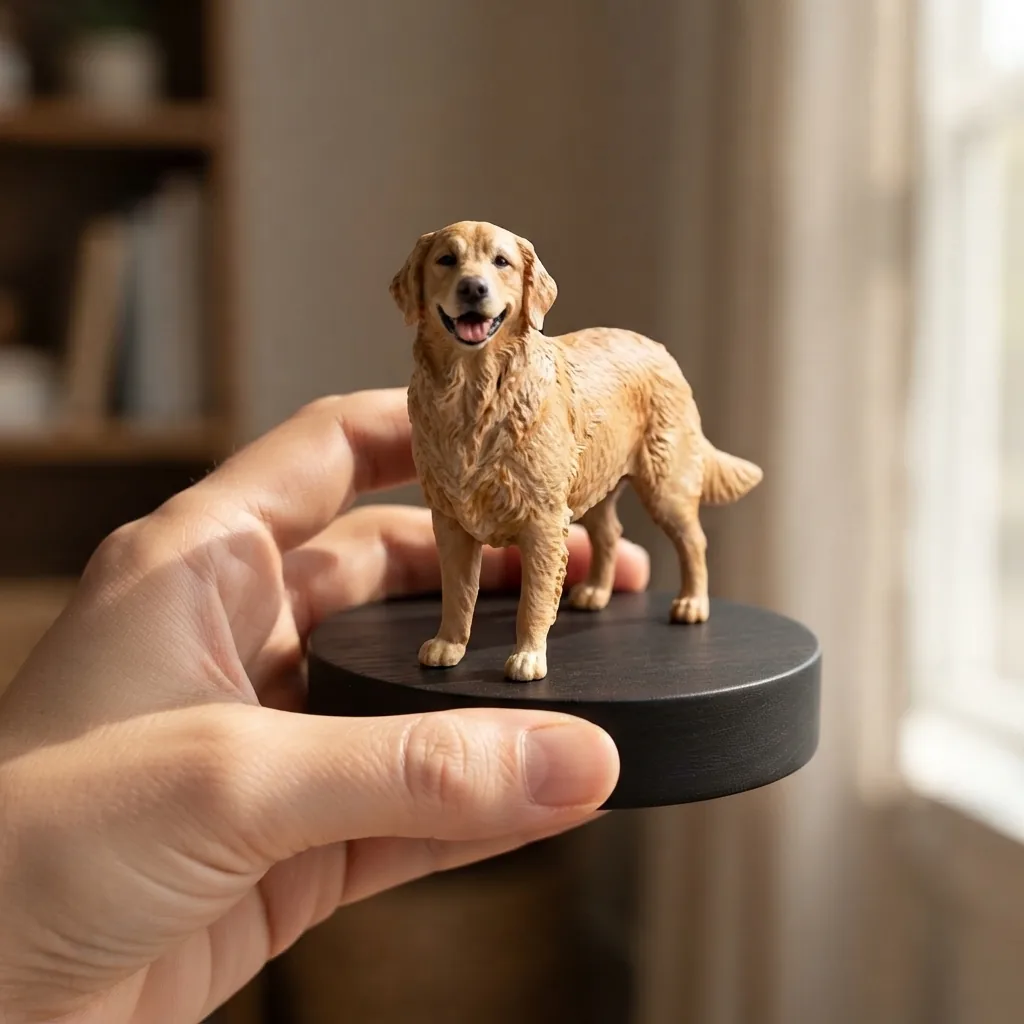 Custom pet figurine held in a hand on a solid black walnut round base